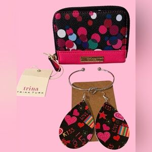 ❤️ TRINA TURK POLKA DOT WALLET, SILVER KNOT BANGLE AND LOVE EARRINGS ❤️